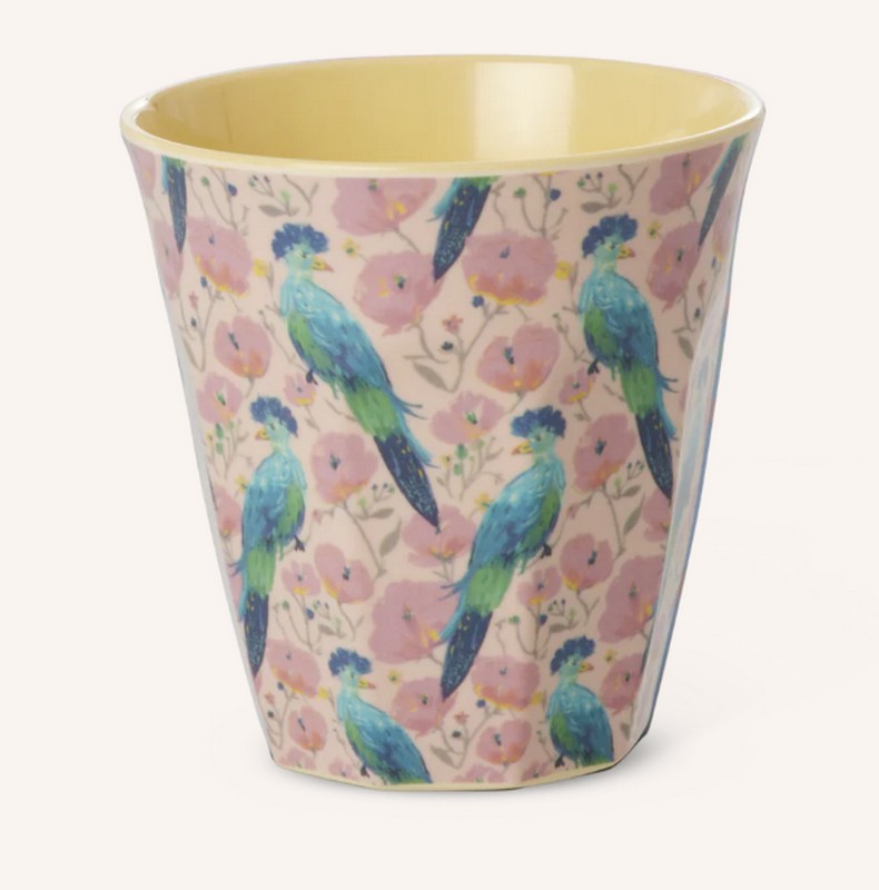 Bicchiere acqua in melamina decorato con uccelli esotici, adatto per adulti e bambini